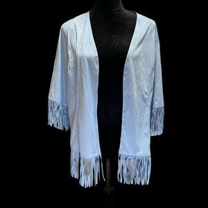N Touch Women's L Light Blue Faux Suede Fringe Cardigan Jacket Western Boho NWT